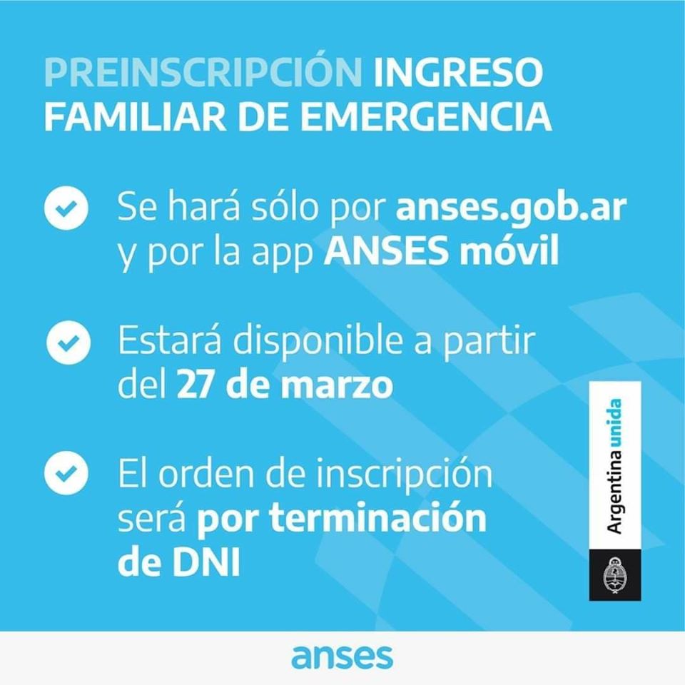 ANSES: El 27 se abre la pre-inscripción para cobrar el ingreso familiar de emergencia